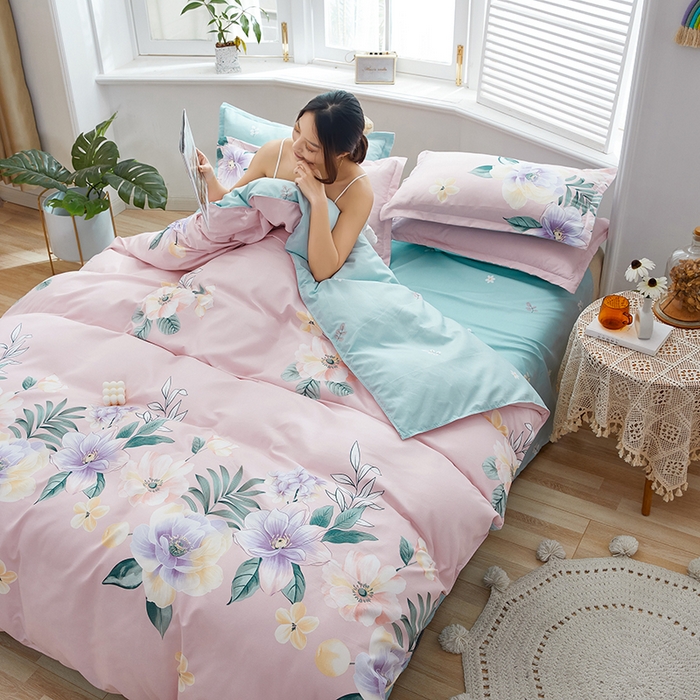 91家纺网 家纺一手货源 找家纺 简冠家纺 2023直播爆款北欧风亲肤植物羊绒磨毛四件套 花美夺艳-粉