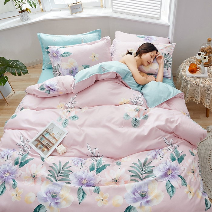 91家纺网 家纺一手货源 找家纺 简冠家纺 2023直播爆款北欧风亲肤植物羊绒磨毛四件套 花美夺艳-粉