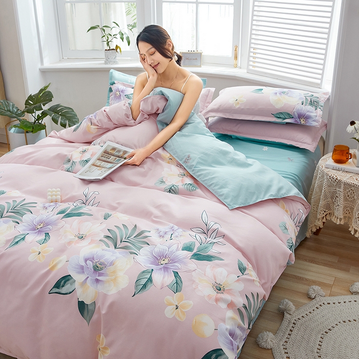 91家纺网 家纺一手货源 找家纺 简冠家纺 2023直播爆款北欧风亲肤植物羊绒磨毛四件套 花美夺艳-粉