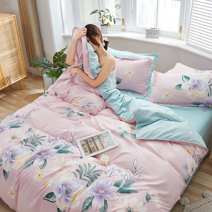 91家纺网 家纺一手货源 找家纺 简冠家纺 2023直播爆款北欧风亲肤植物羊绒磨毛四件套 花美夺艳-粉