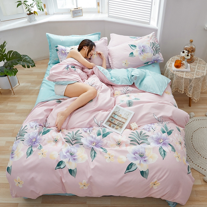 91家纺网 家纺一手货源 找家纺 简冠家纺 2023直播爆款北欧风亲肤植物羊绒磨毛四件套 花美夺艳-粉