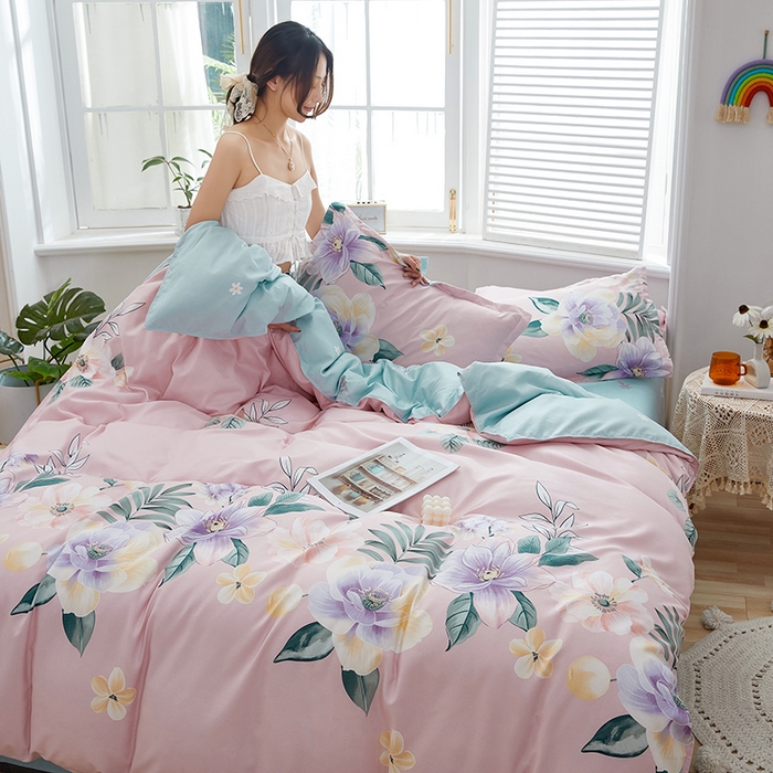 91家纺网 家纺一手货源 找家纺 简冠家纺 2023直播爆款北欧风亲肤植物羊绒磨毛四件套 花美夺艳-粉