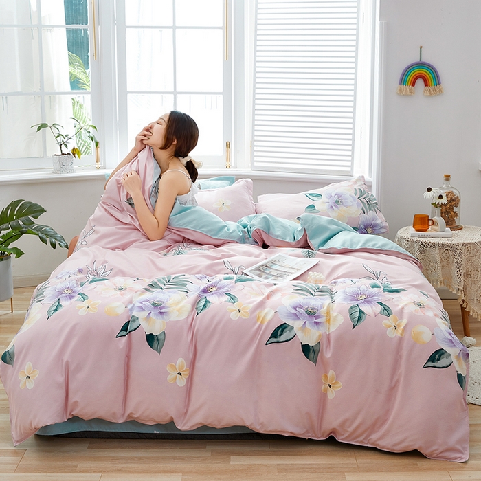 91家纺网 家纺一手货源 找家纺 简冠家纺 2023直播爆款北欧风亲肤植物羊绒磨毛四件套 花美夺艳-粉