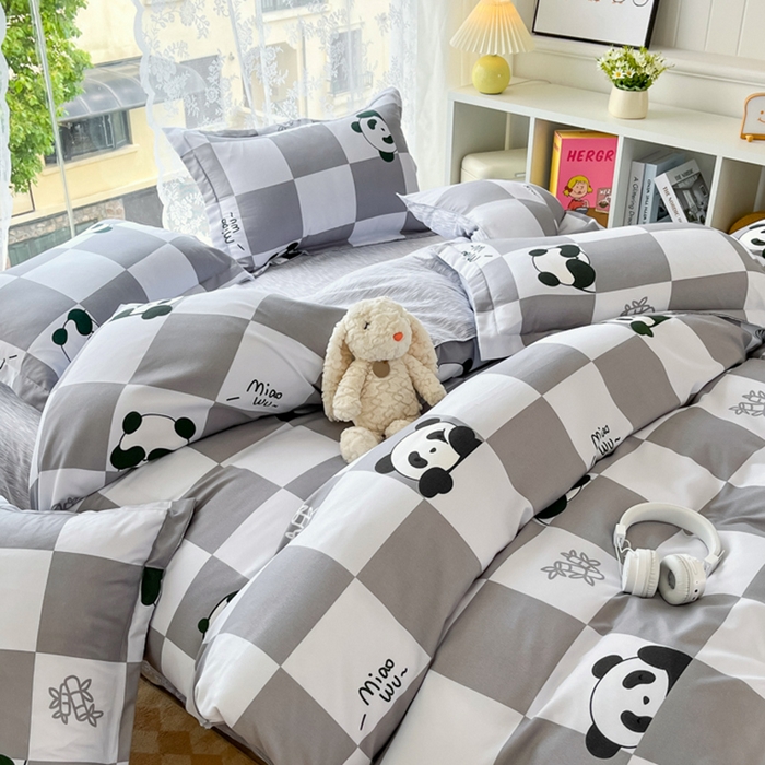 91家纺网 家纺一手货源 找家纺 简冠家纺 2024直播爆款北欧风亲肤植物羊绒磨毛四件套 熊猫格