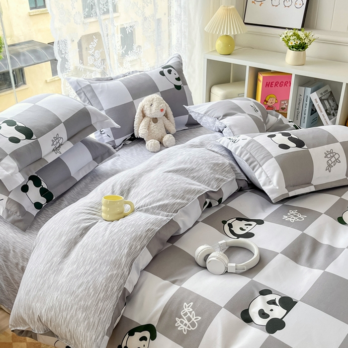 91家纺网 家纺一手货源 找家纺 简冠家纺 2024直播爆款北欧风亲肤植物羊绒磨毛四件套 熊猫格