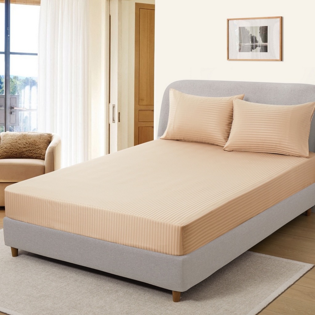 91家纺网 家纺一手货源 找家纺 子不语家纺2025新款跨境外贸酒店纯色提花三件套亚马逊Temu速卖通Shein沃尔玛专供条提花卡其色