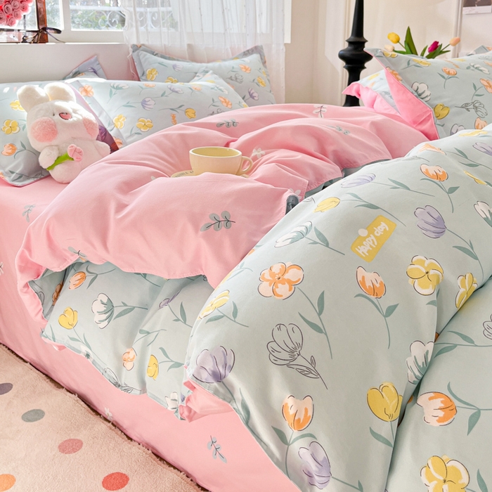 91家纺网 家纺一手货源 找家纺 简冠家纺 2023直播爆款北欧风亲肤植物羊绒磨毛四件套 幻影花语