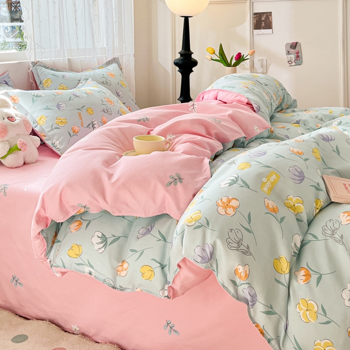 91家纺网 家纺一手货源 找家纺 简冠家纺 2023直播爆款北欧风亲肤植物羊绒磨毛四件套 幻影花语