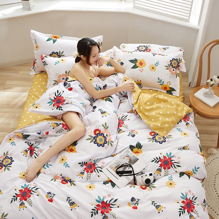 91家纺网 家纺一手货源 找家纺 简冠家纺 2025直播爆款北欧风亲肤植物羊绒磨毛四件套 花开-米