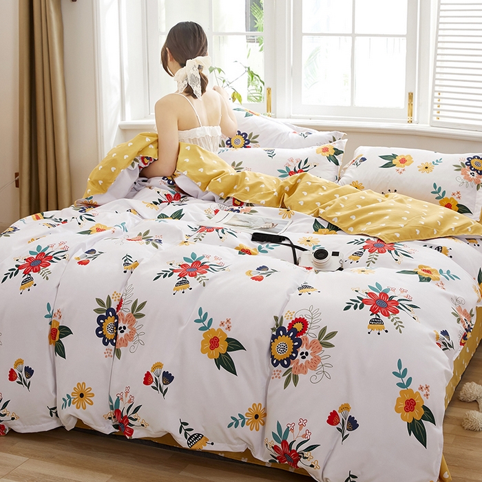 91家纺网 家纺一手货源 找家纺 简冠家纺 2025直播爆款北欧风亲肤植物羊绒磨毛四件套 花开-米