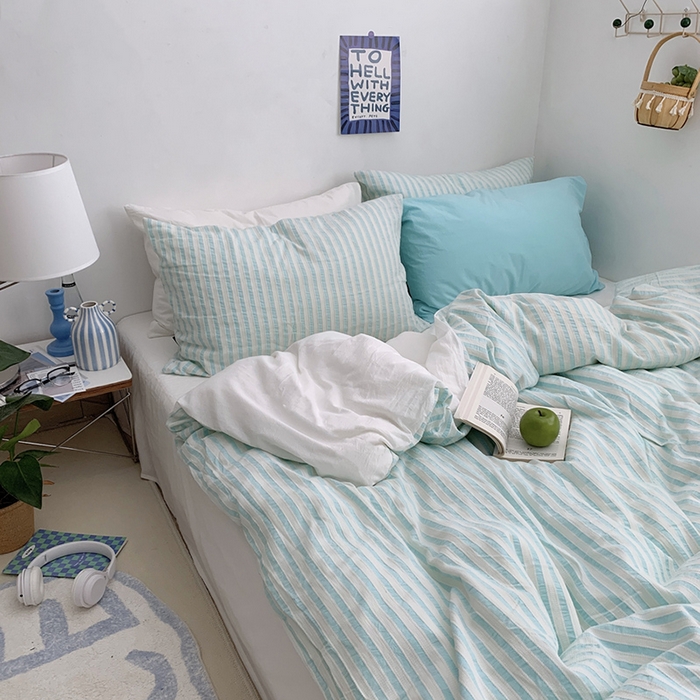 柚可家居 2024新款雾蓝条纹提花水洗棉四件套（送手提袋） 天蓝条纹提花 白色
