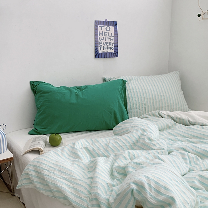 91家纺网 家纺一手货源 找家纺 柚可家居 2024新款雾蓝条纹提花水洗棉四件套（送手提袋） 天蓝条纹提花 白色