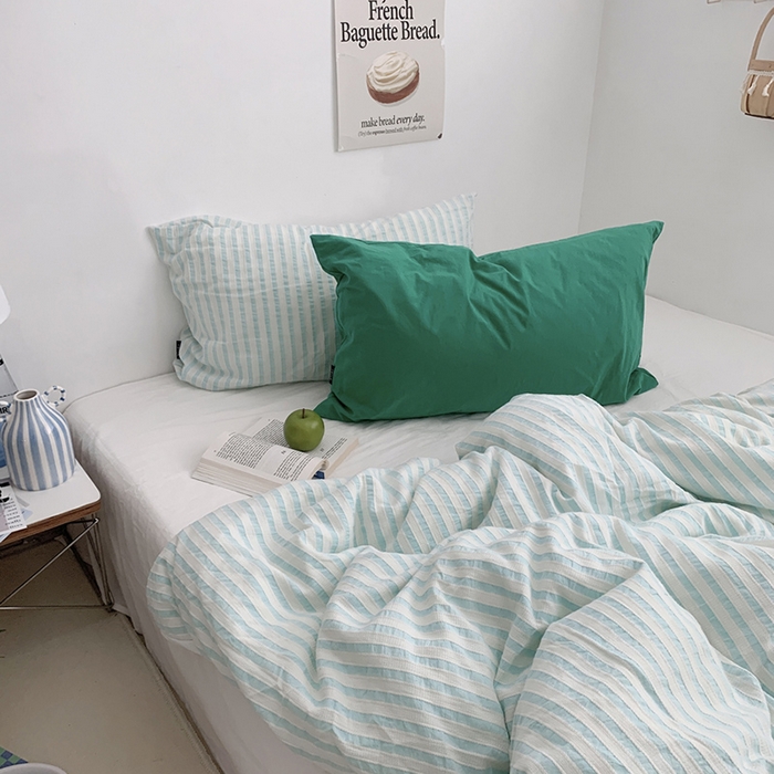 91家纺网 家纺一手货源 找家纺 柚可家居 2024新款雾蓝条纹提花水洗棉四件套（送手提袋） 天蓝条纹提花 白色