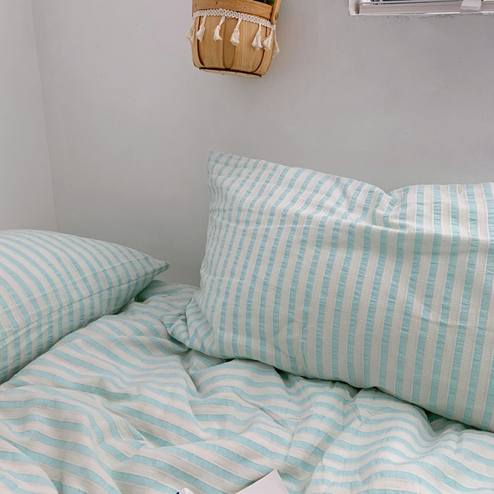 91家纺网 家纺一手货源 找家纺 柚可家居 2024新款雾蓝条纹提花水洗棉四件套（送手提袋） 天蓝条纹提花 白色