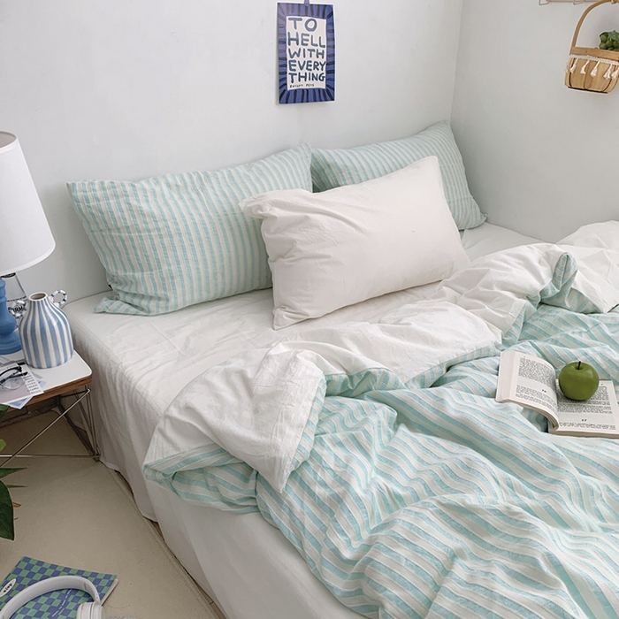 91家纺网 家纺一手货源 找家纺 柚可家居 2024新款雾蓝条纹提花水洗棉四件套（送手提袋） 天蓝条纹提花 白色