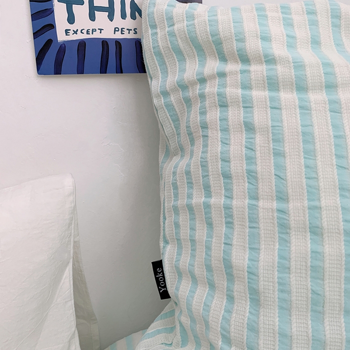 91家纺网 家纺一手货源 找家纺 柚可家居 2024新款雾蓝条纹提花水洗棉四件套（送手提袋） 天蓝条纹提花 白色