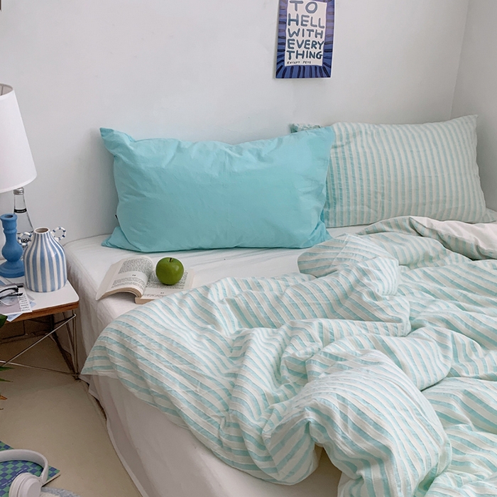 91家纺网 家纺一手货源 找家纺 柚可家居 2024新款雾蓝条纹提花水洗棉四件套（送手提袋） 天蓝条纹提花 白色