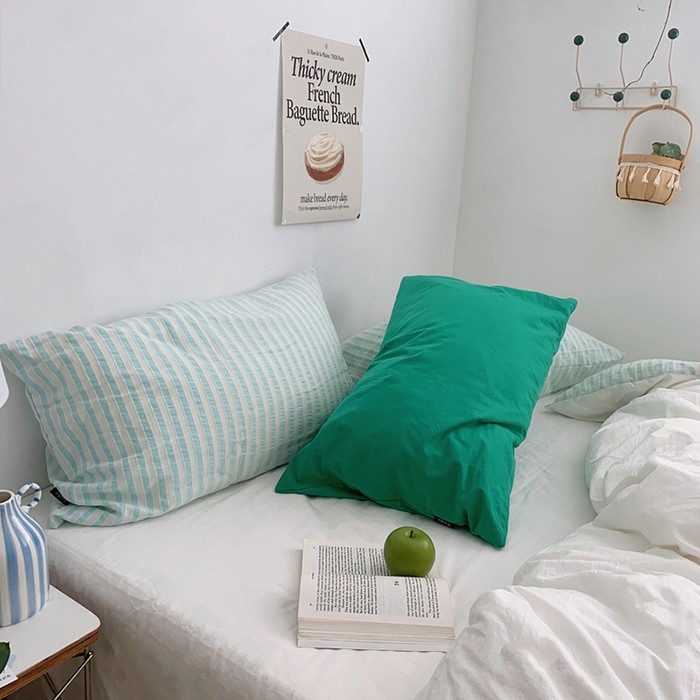 91家纺网 家纺一手货源 找家纺 柚可家居 2024新款雾蓝条纹提花水洗棉四件套（送手提袋） 天蓝条纹提花 白色