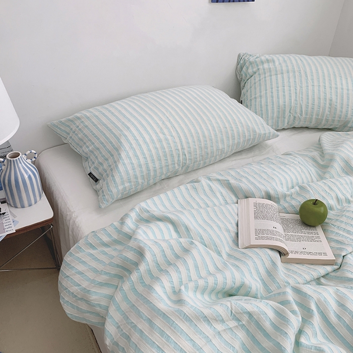 91家纺网 家纺一手货源 找家纺 柚可家居 2024新款雾蓝条纹提花水洗棉四件套（送手提袋） 天蓝条纹提花 白色