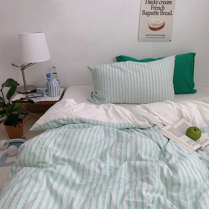 91家纺网 家纺一手货源 找家纺 柚可家居 2024新款雾蓝条纹提花水洗棉四件套（送手提袋） 天蓝条纹提花 白色