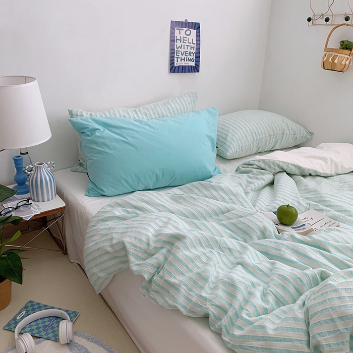 91家纺网 家纺一手货源 找家纺 柚可家居 2024新款雾蓝条纹提花水洗棉四件套（送手提袋） 天蓝条纹提花 白色