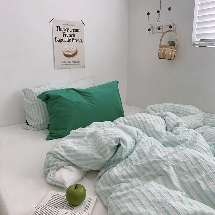 91家纺网 家纺一手货源 找家纺 柚可家居 2024新款雾蓝条纹提花水洗棉四件套（送手提袋） 天蓝条纹提花 白色