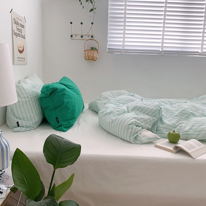 91家纺网 家纺一手货源 找家纺 柚可家居 2024新款雾蓝条纹提花水洗棉四件套（送手提袋） 天蓝条纹提花 白色