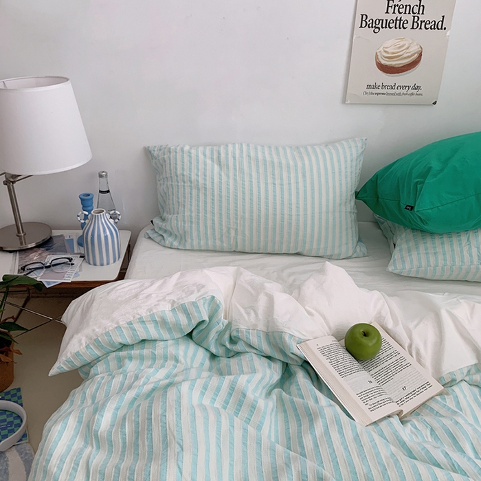 91家纺网 家纺一手货源 找家纺 柚可家居 2024新款雾蓝条纹提花水洗棉四件套（送手提袋） 天蓝条纹提花 白色