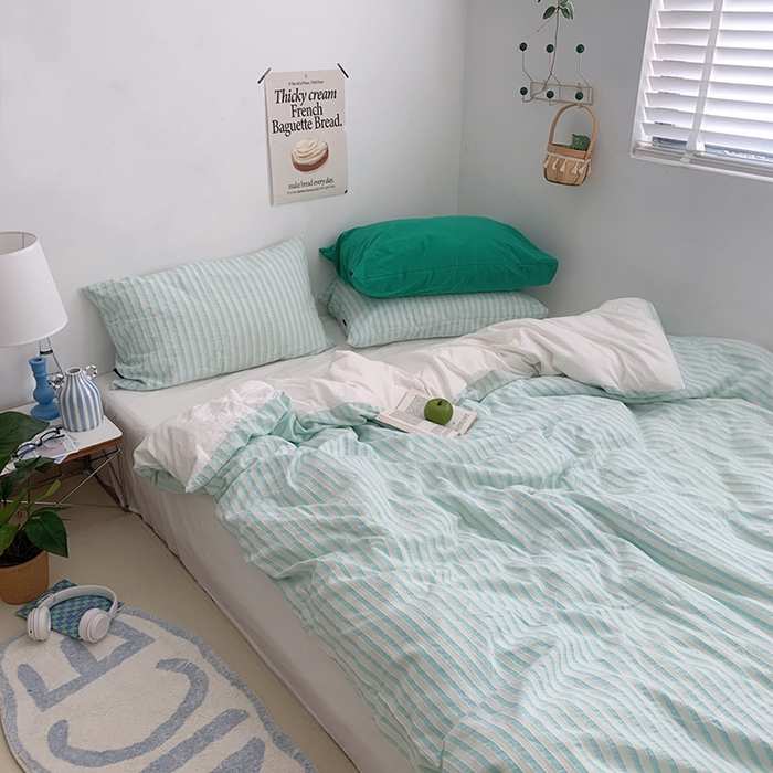 91家纺网 家纺一手货源 找家纺 柚可家居 2024新款雾蓝条纹提花水洗棉四件套（送手提袋） 天蓝条纹提花 白色