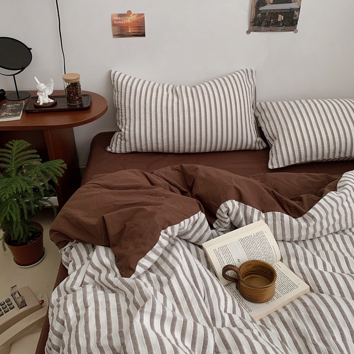 （总）柚可家居 2024新款40支色织条纹提花咖啡条纹水洗棉四件套（送手提袋）
