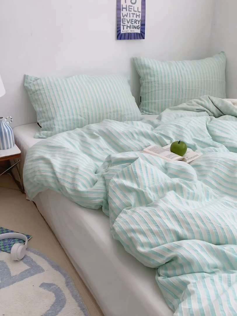 91家纺网 家纺一手货源 找家纺 柚可家居 2024新款雾蓝条纹提花水洗棉四件套（送手提袋） 天蓝条纹提花 白色