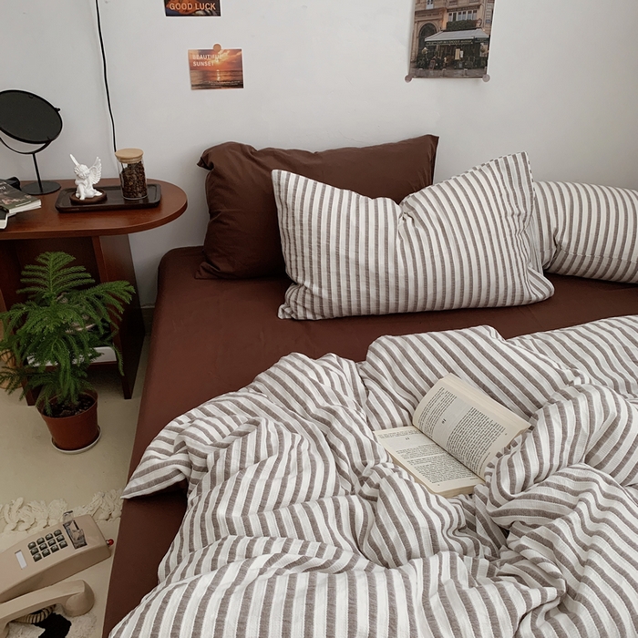 91家纺网 家纺一手货源 找家纺 （总）柚可家居 2024新款40支色织条纹提花咖啡条纹水洗棉四件套（送手提袋）