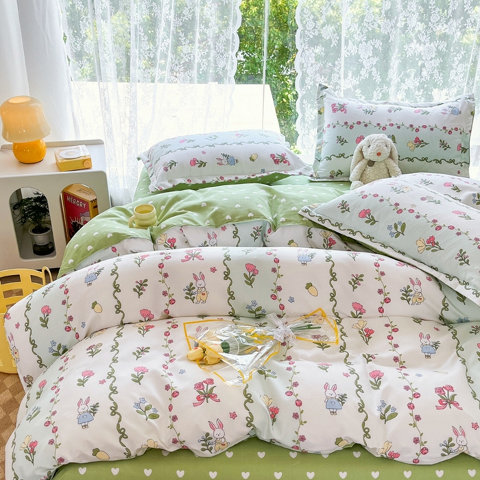 91家纺网 家纺一手货源 找家纺 简冠家纺 2025直播爆款北欧风亲肤植物羊绒磨毛四件套 林间小兔叽