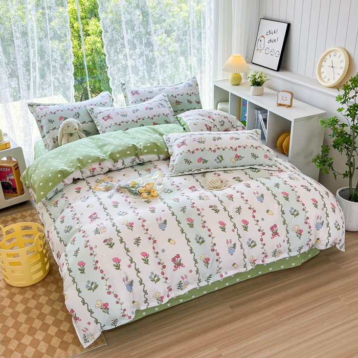 91家纺网 家纺一手货源 找家纺 简冠家纺 2025直播爆款北欧风亲肤植物羊绒磨毛四件套 林间小兔叽