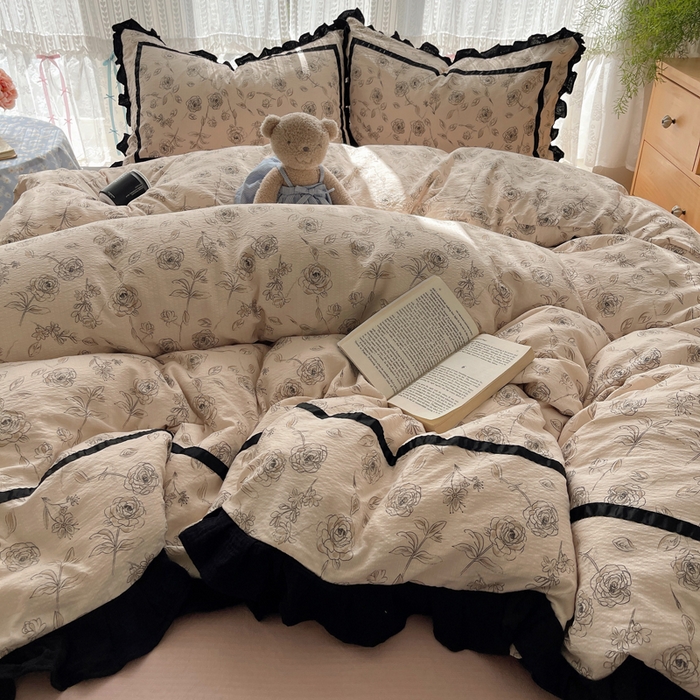 91家纺网 家纺一手货源 找家纺 繁花家居 2025新款云感木棉花边款法式印花四件套 夜皇后