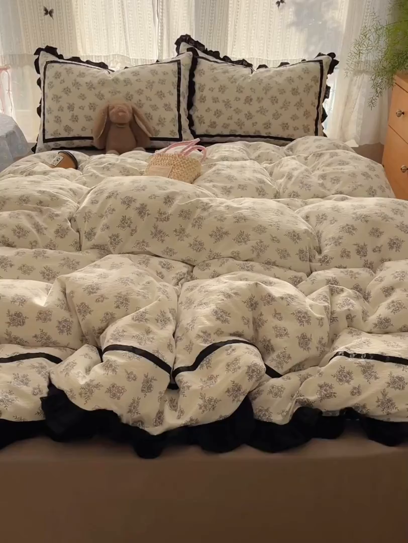 91家纺网 家纺一手货源 找家纺 （总）繁花家居 2025新款云感木棉花边款法式印花四件套