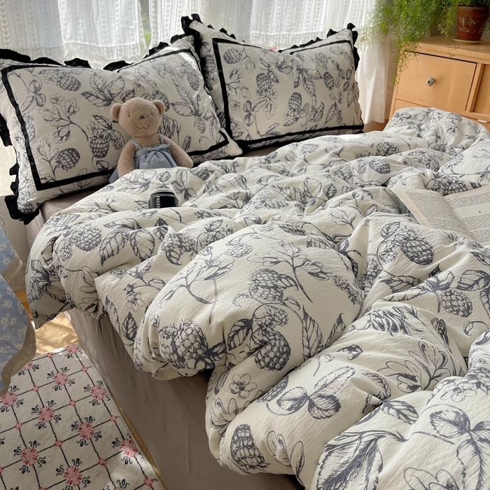 91家纺网 家纺一手货源 找家纺 繁花家居 2025新款云感木棉花边款法式印花四件套 常青藤