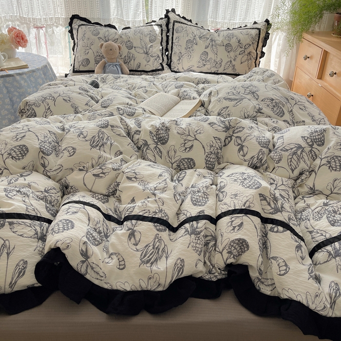 91家纺网 家纺一手货源 找家纺 繁花家居 2025新款云感木棉花边款法式印花四件套 常青藤