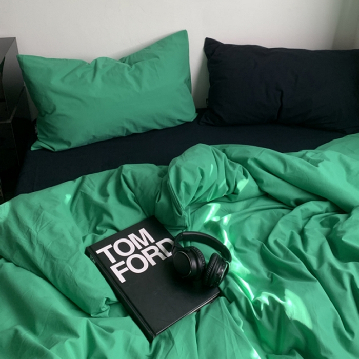 91家纺网 家纺一手货源 找家纺 柚可家居 2025新款40支全棉色织水洗棉四件套--绿箭 绿箭（枕套森绿+藏蓝）