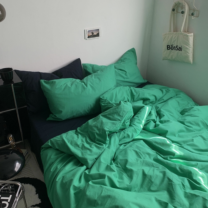 91家纺网 家纺一手货源 找家纺 柚可家居 2025新款40支全棉色织水洗棉四件套--绿箭 绿箭（枕套森绿+藏蓝）