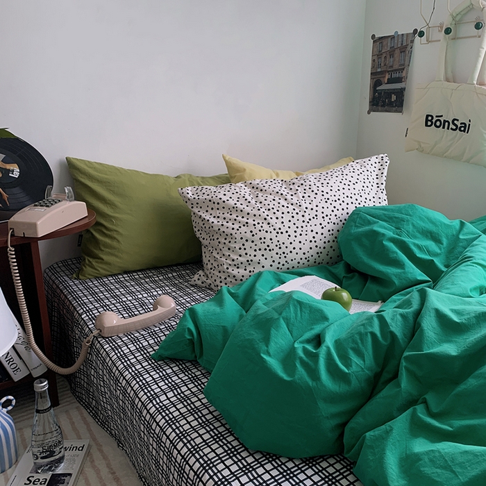 91家纺网 家纺一手货源 找家纺 柚可家居 2024秋季新款全棉色织水洗棉四件套-加州之旅 加州旅馆 枕套（淡黄+抹茶绿）