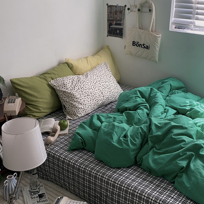 91家纺网 家纺一手货源 找家纺 柚可家居 2024秋季新款全棉色织水洗棉四件套-加州之旅 加州旅馆 枕套（淡黄+跃蓝）