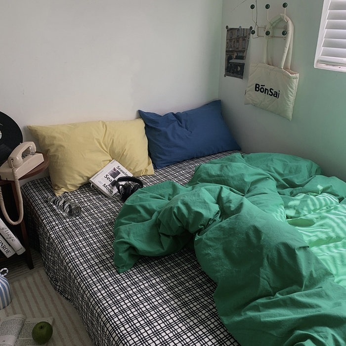 91家纺网 家纺一手货源 找家纺 柚可家居 2024秋季新款全棉色织水洗棉四件套-加州之旅 加州旅馆 枕套（淡黄+跃蓝）