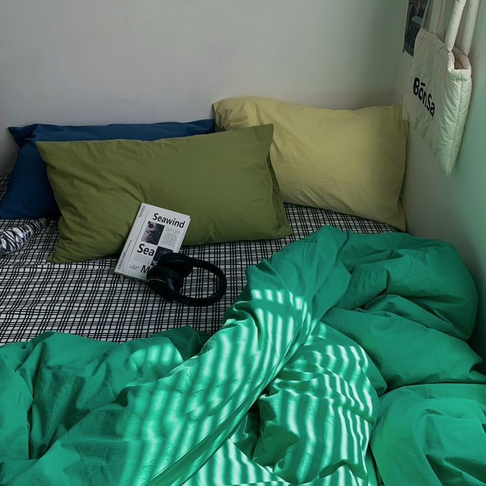 91家纺网 家纺一手货源 找家纺 柚可家居 2024秋季新款全棉色织水洗棉四件套-加州之旅 加州旅馆 枕套（点点+跃蓝）