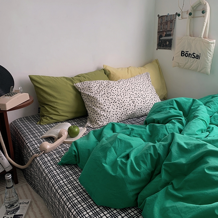 91家纺网 家纺一手货源 找家纺 柚可家居 2024秋季新款全棉色织水洗棉四件套-加州之旅 加州旅馆 枕套（点点+跃蓝）