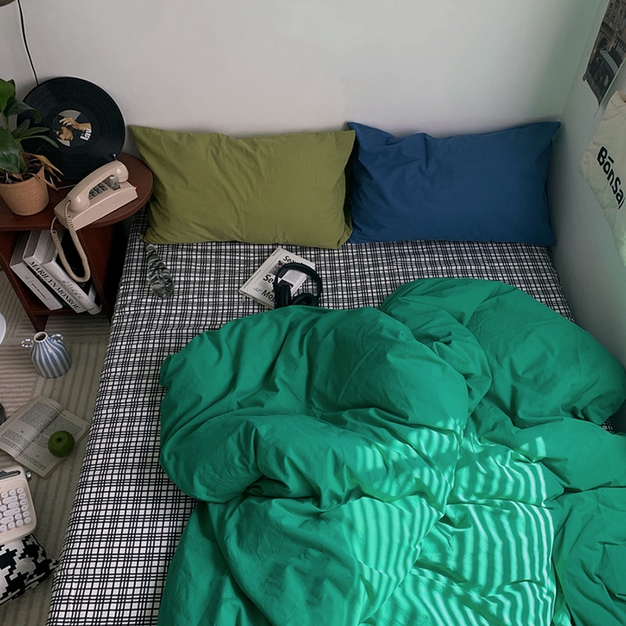 91家纺网 家纺一手货源 找家纺 柚可家居 2024秋季新款全棉色织水洗棉四件套-加州之旅 加州旅馆 枕套（抹茶绿+点点）