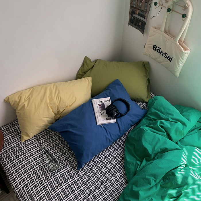 91家纺网 家纺一手货源 找家纺 柚可家居 2024秋季新款全棉色织水洗棉四件套-加州之旅 加州旅馆 枕套（抹茶绿+点点）