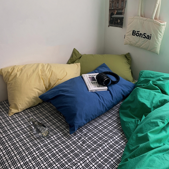 91家纺网 家纺一手货源 找家纺 柚可家居 2024秋季新款全棉色织水洗棉四件套-加州之旅 加州旅馆 枕套（抹茶绿+点点）