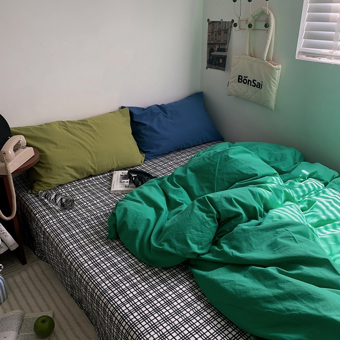 柚可家居 2024秋季新款全棉色织水洗棉四件套-加州之旅 加州旅馆 枕套（抹茶绿+跃蓝）