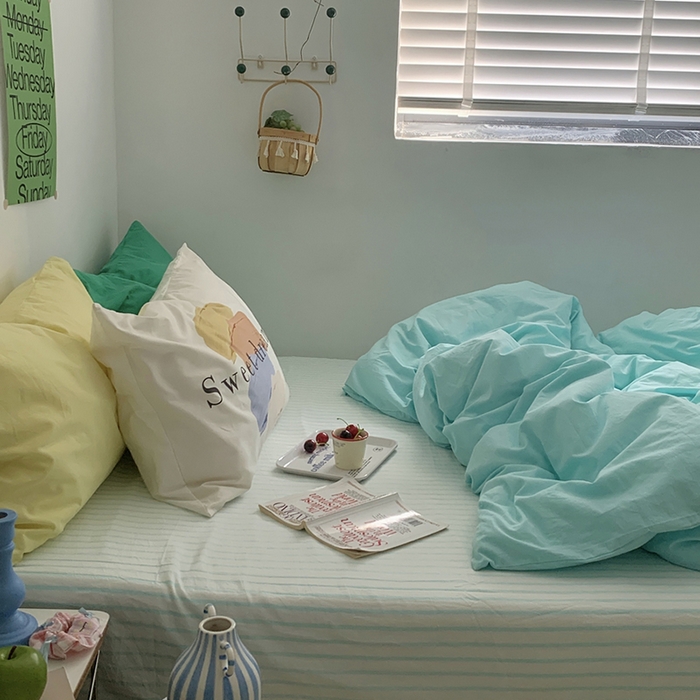 91家纺网 家纺一手货源 找家纺 （总）柚可家居 2024新款色织水洗棉四件套-冰激凌蓝条纹